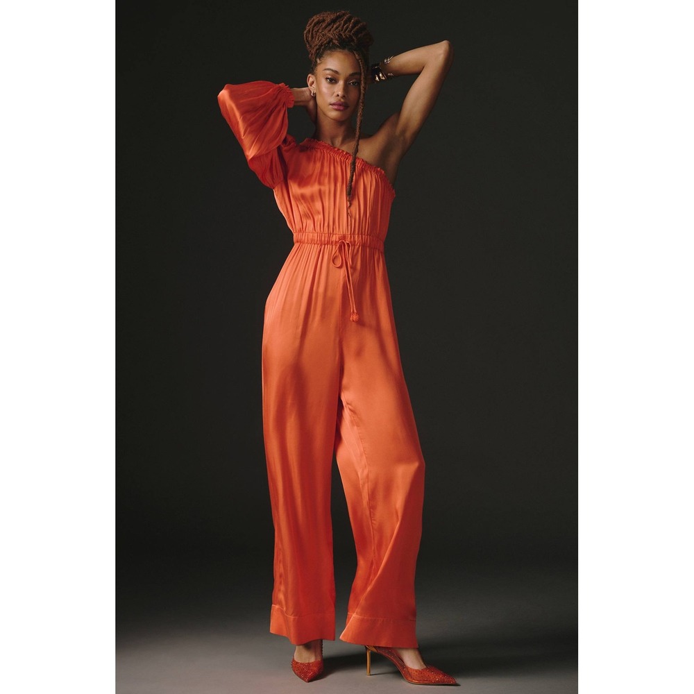 NEW Anthropologie Farm Rio satin One-Shoulder wide leg Jumpsuit Size M orange
